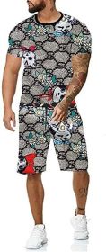 Men's 2 Piece Hawaiian Tracksuit Flower Casual Button Down Short Sleeve Shirt and Suits for Men (Color: Grey, size: L)