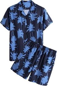 Men's 2 Piece Tracksuits Flower Hawaiian Suits Casual Button Down Short Sleeve Shirts and Shorts (Color: navy, size: XL)
