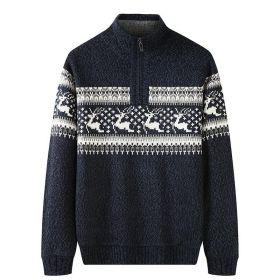 Thickening Fleece-lined Half-high Collar Knitted Sweater (Option: Navy Blue-3XL)