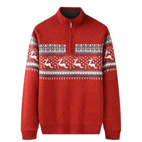 Thickening Fleece-lined Half-high Collar Knitted Sweater (Option: Red-3XL)