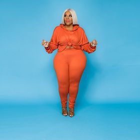 Autumn And Winter Plus Size Women's Clothes Sweater Solid Color Hoodie Two-piece Set Suit (Option: Orange-3XL)