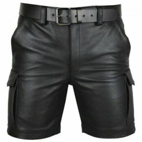 New Product Best-selling Hot Sale Solid Color PU Casual Men's Short Leather Pants Shorts (Option: Black-XXL)
